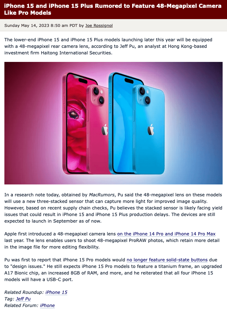 苹果v版什么版本:iPhone 15标准版配48MP像素镜头；荣耀90系列上市时间曝光-第4张图片-亚星国际官网